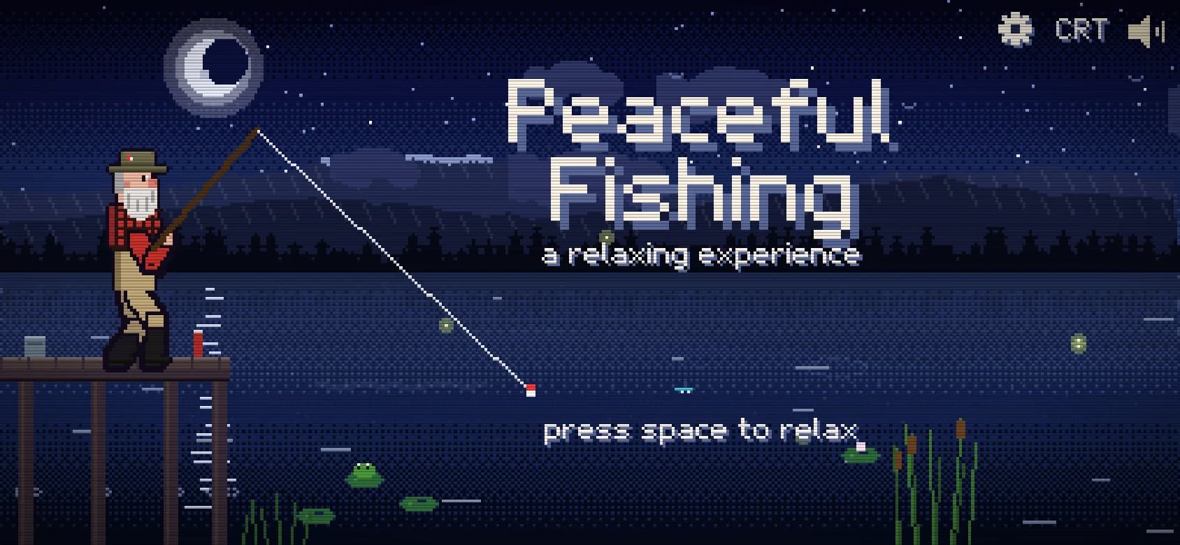 The title screen: Peaceful Fishing, a relaxing experience, an old angler on a moonlit dock