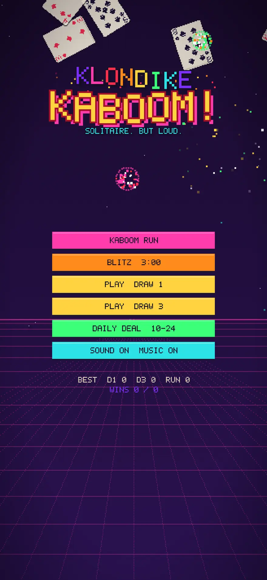 Title screen with the mode menu: Kaboom Run, Blitz 3:00, Draw 1, Draw 3 and Daily Deal