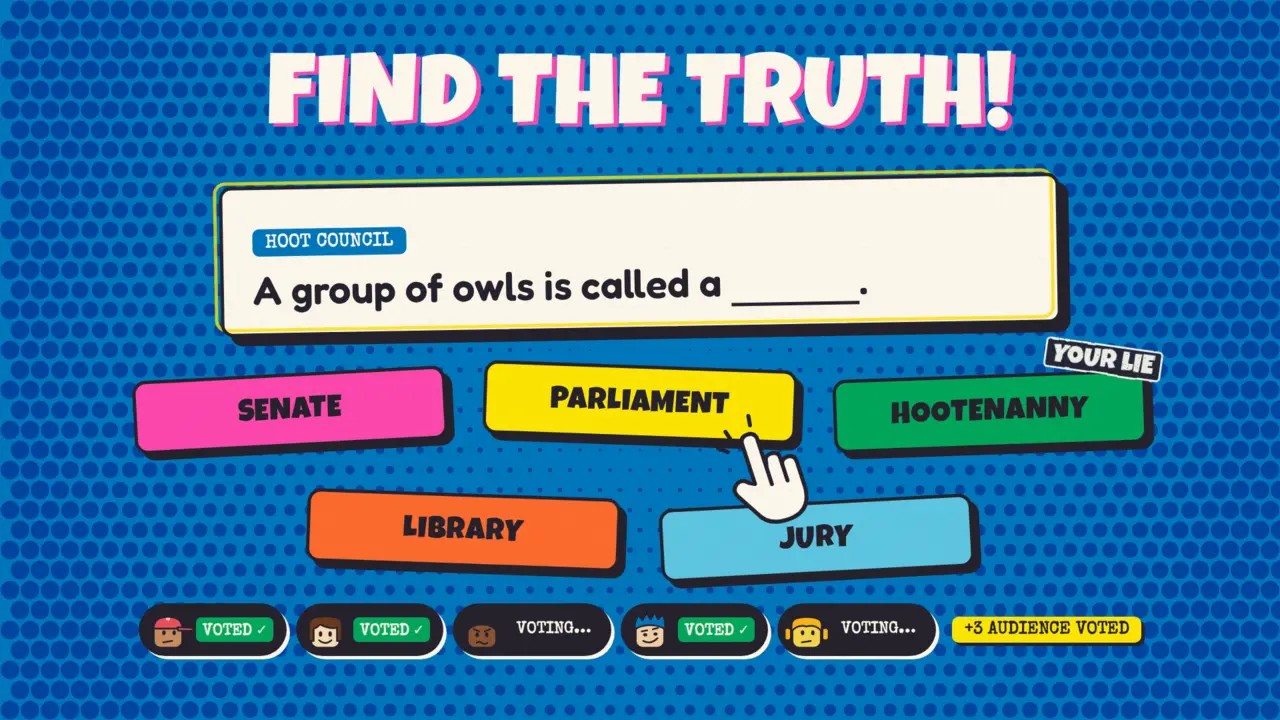 Promo art: answers dealt as stickers, with the real one hiding among the lies