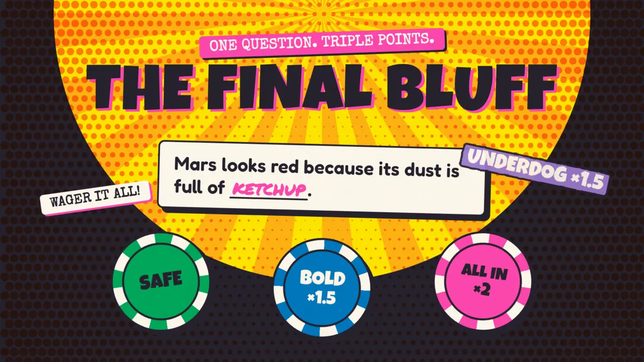 Promo art: The Final Bluff, with Safe, Bold and All In wager chips